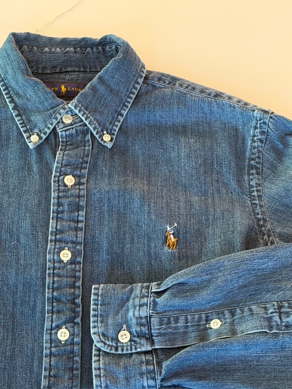 Ralph Lauren Men's Blue Denim Button-Down Shirt with Pony Logo